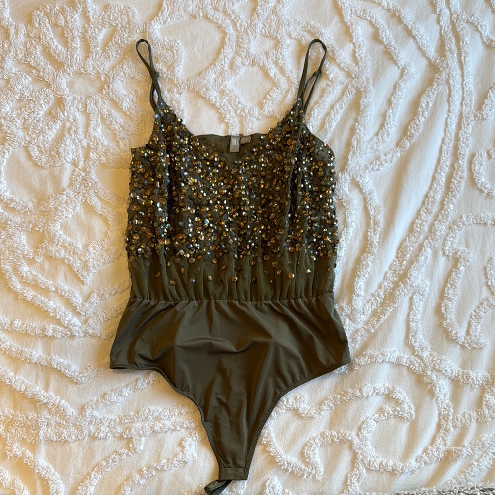 Embellished Olive Green Sequin Bodysuit - Women Tops